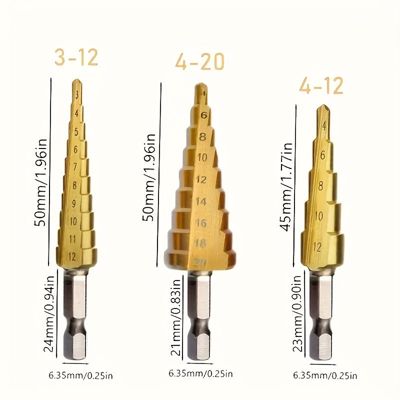 3-piece set of titanium-coated, high-speed steel step drill bits for precision drilling in wood and metal, suitable for home DIY and professional use.