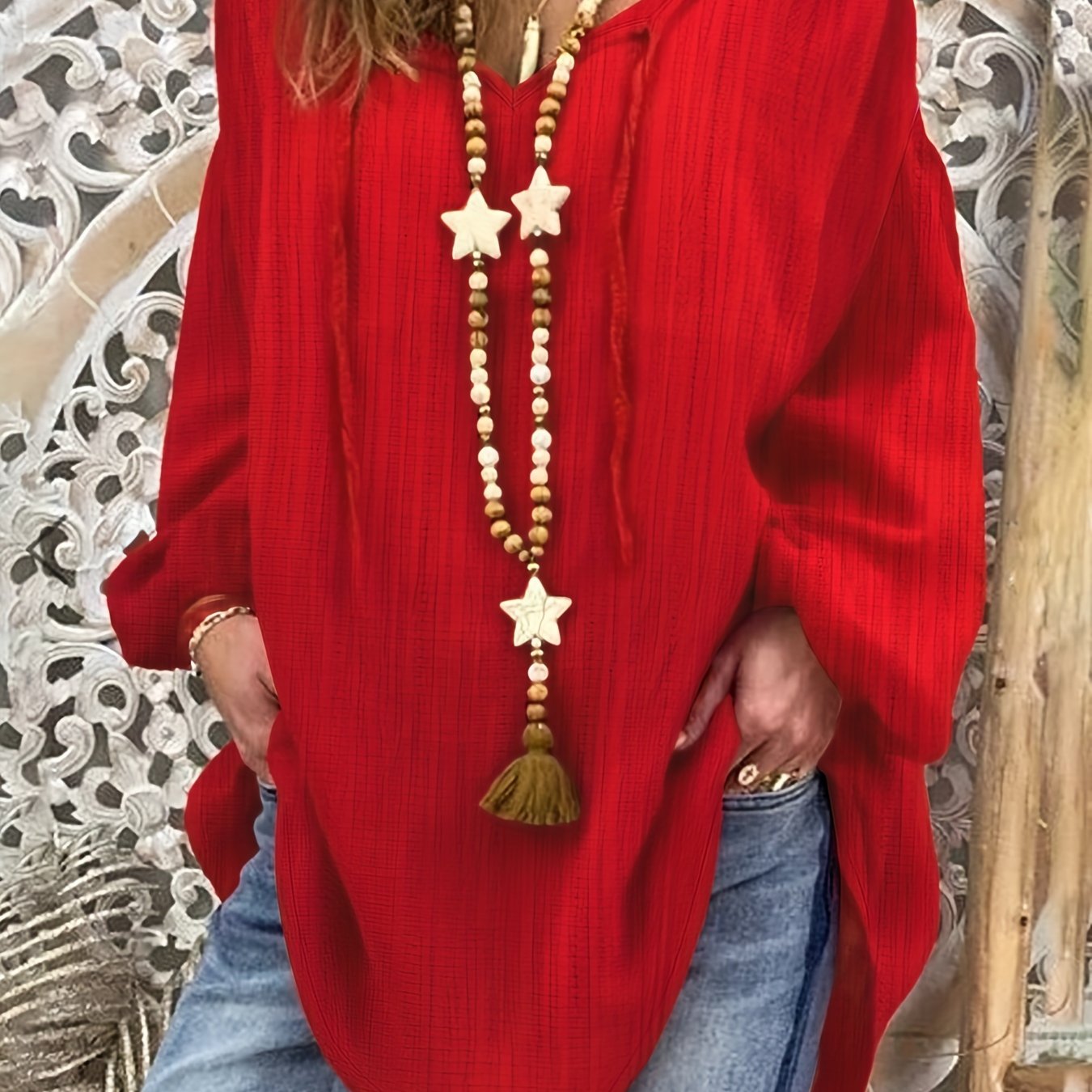 Plus Size Red V-Neck Blouse with Beaded Star & Tassel Details, Long Sleeve, Loose Fit, Polyester, Machine Washable, All-Season Comfort.