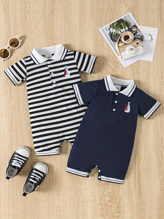 Summer one-piece and two-piece casual crawler suit for infant and toddler boys and girls with short sleeves and half-open chest.