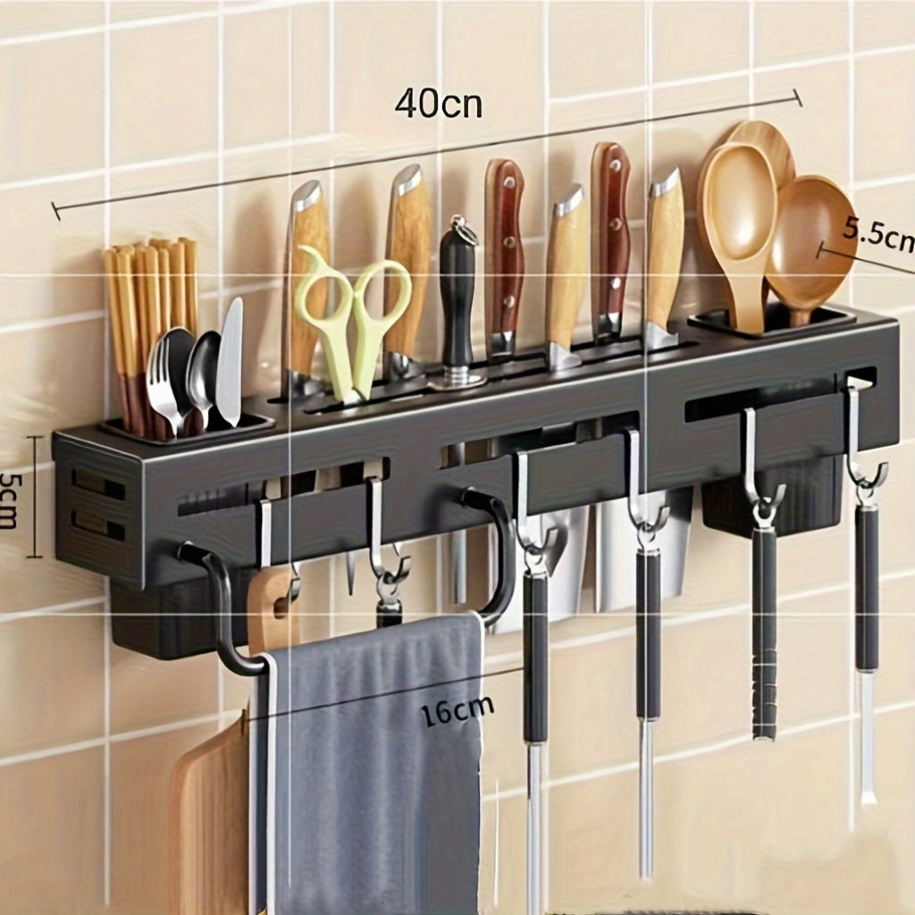 One piece of high-quality carbon steel knife rack designed for modern home kitchen storage. This rack is no-drill wall-mounted and features a multi-functional design with hooks, a towel rod, and a draining utensil caddy.