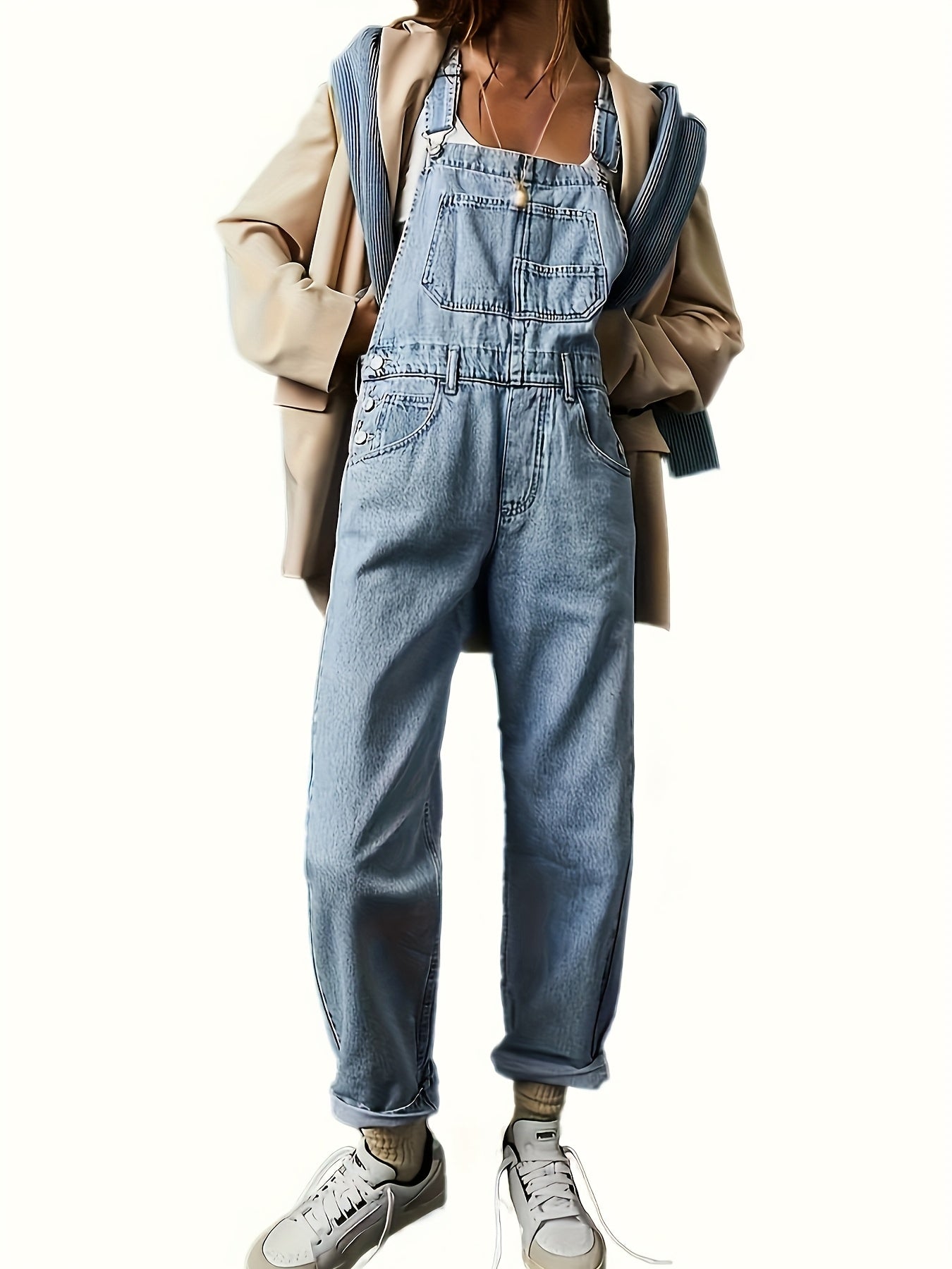 Casual solid color denim overalls for women, made of viscose and polyester blend fabric, strappy back design, no belt included, regular fit.