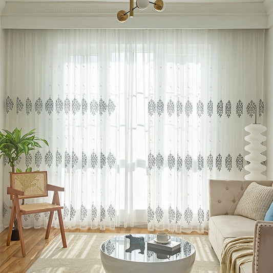 Machine washable curtain with diamond pattern and rod pocket design, inspired by vintage embroidery, perfect for living room decor.