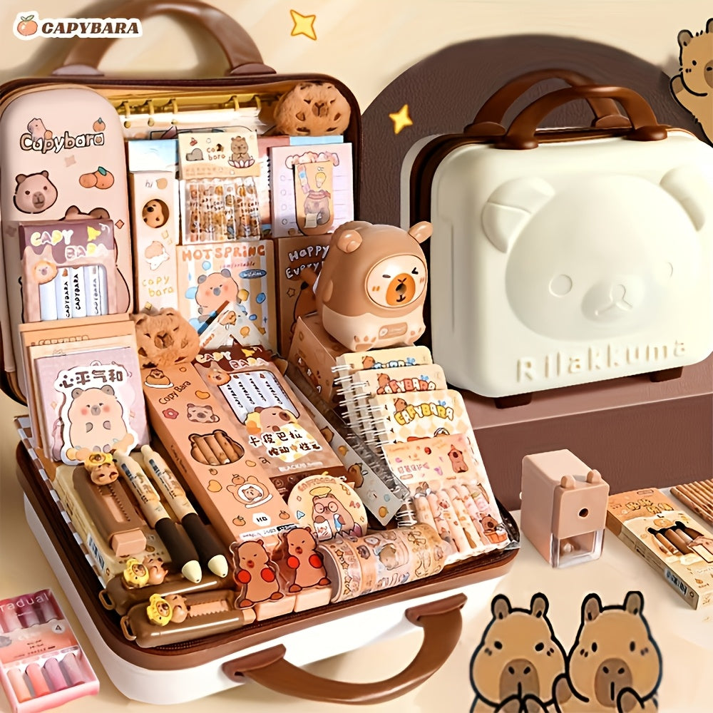 Capybara-themed stationery gift set with notebooks, pens, paper clips, and accessories in a tote bag for students, animal lovers, and student rewards.