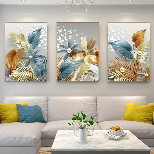 Frameless modern golden butterfly leaves canvas painting for living room decor, 3 pieces, 12x16in/30x40cm, no frame.