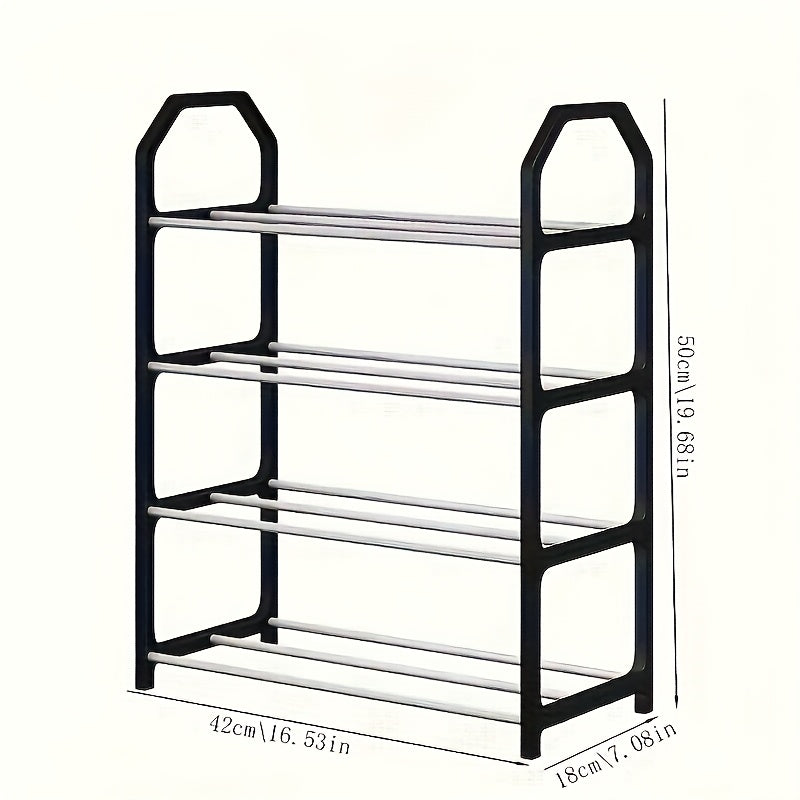 This shoe rack features a durable 4-tier metal design that is easy to assemble. It is odorless and suitable for both home and commercial use. Perfect for organizing shoes in the entryway or bedroom, with sturdy floor mounting and golden tube diameter