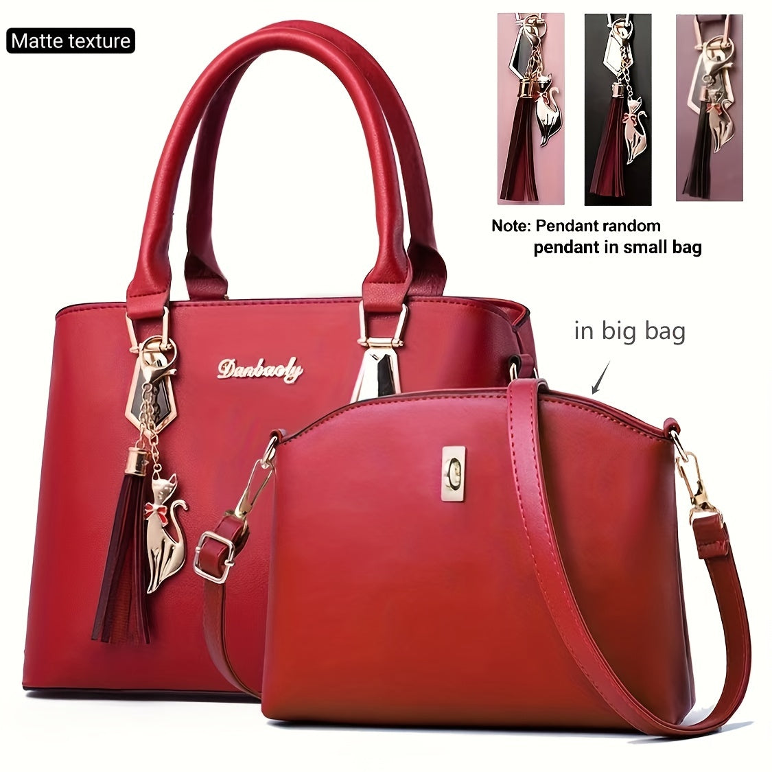 Solid color women's handbag set with tassel charm, zip closure, polyester lined. Versatile for shoulder or crossbody wear. Available in earthy tan, purple, red, blue, and black for fall and