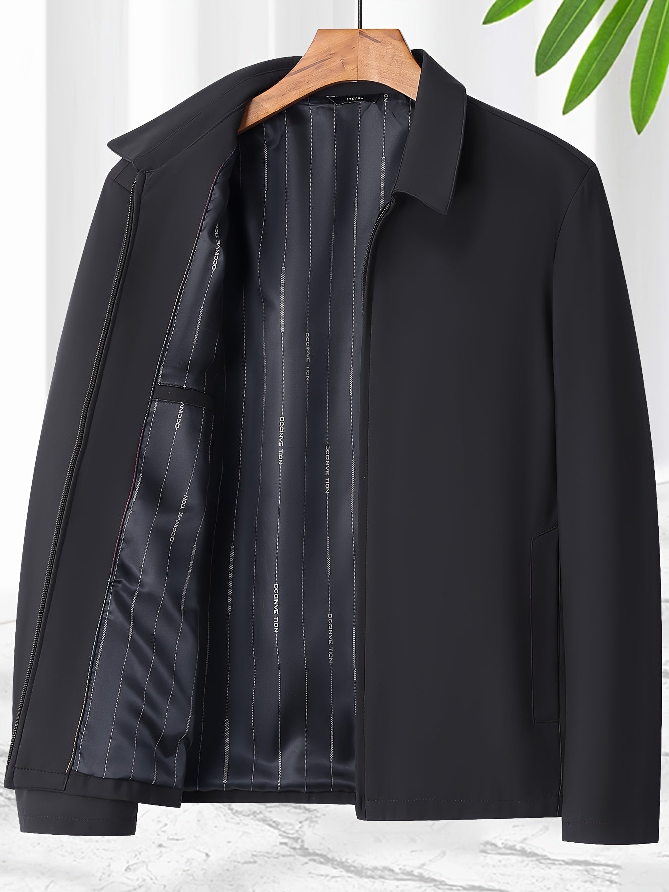 Men's casual solid color polyester jacket with lapel collar, zipper detail, and regular fit for spring/fall outerwear.