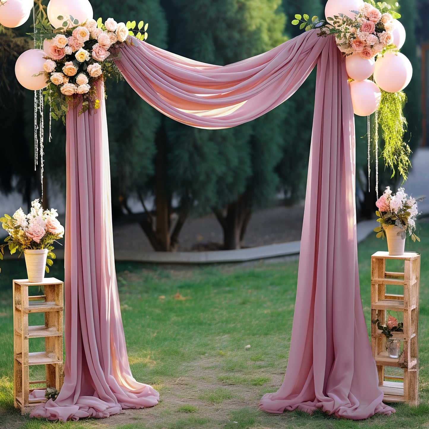 Polyester sheer fabric draping panel for wedding arch, backdrop curtain voile drapery for woodland ceremony, party decor, outdoor reception table runner.