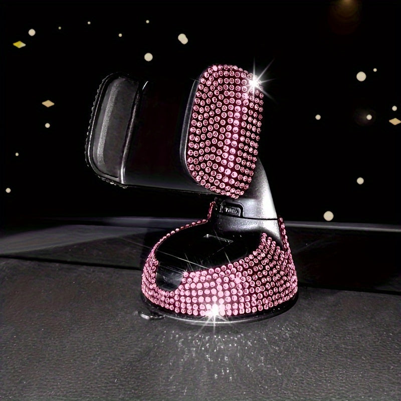 Luxury Rhinestone-Encrusted Car Phone Holder with Sparkling Crystals, Multi-Functional, Rotating Suction Cup Mount for Dashboard & Air Vent in Various Vehicles.