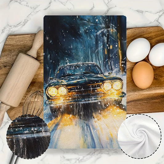 Two Coastal Style Kitchen Towels featuring a Super Absorbent Polyester Knit Fabric that is Machine Washable. These Contemporary Oblong Hand Towels are designed with Halogen Headlights and measure 40.64x60.96 cm. Perfect for adding a touch of Coastal