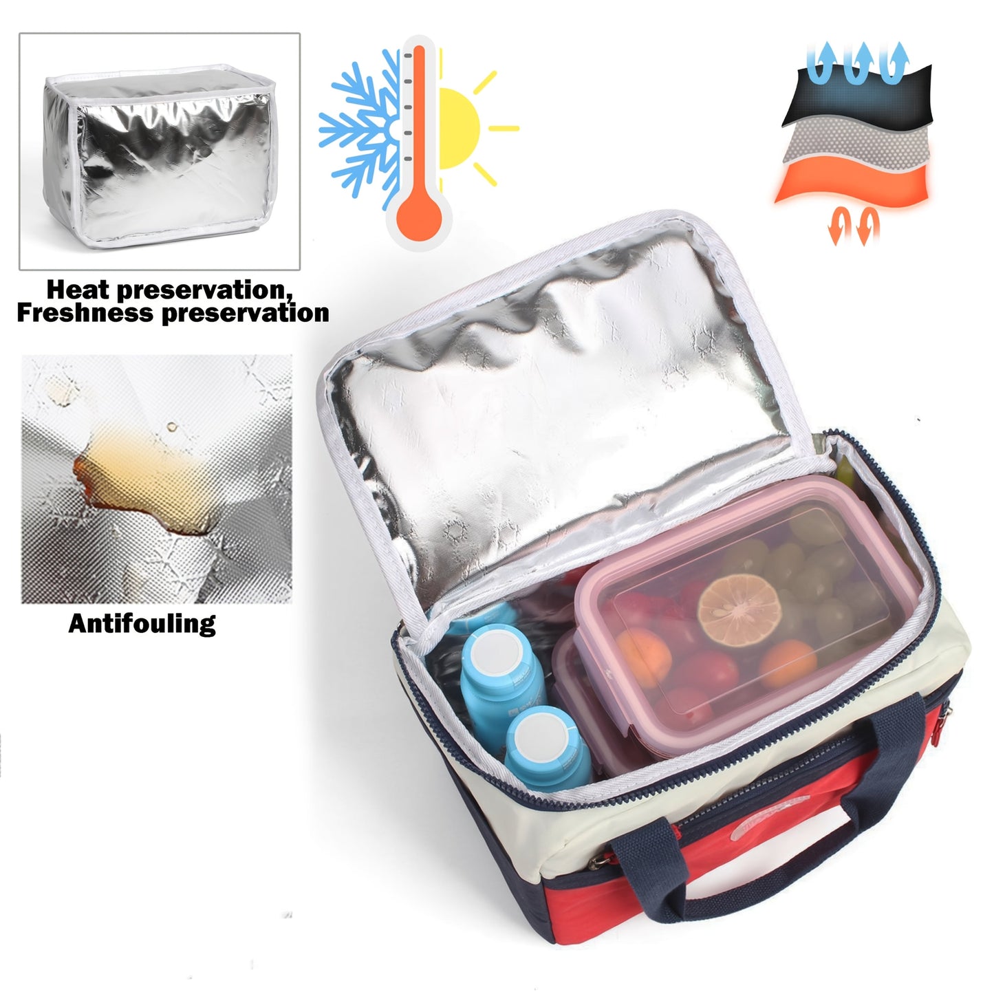 Lamroro Insulated Lunch Bag Ideal for Women and Men - Multipurpose Reusable Lunch Box for Office, School, Picnic, or Beach - Leakproof Cooler Tote with Freezable Capability and Convenient Zippered Pockets, Constructed from Durable Fabric.