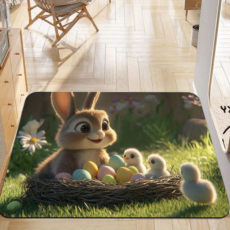 Easter-themed Rug featuring Adorable Rabbit and Chicks design, 8mm Thick Polyester Material for Anti-Slip Properties, Easily Washable Rectangle Mat suitable for Kitchen, Living Room and Bedroom Decor