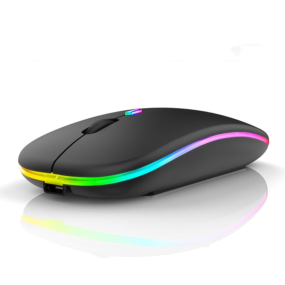 Rechargeable LED wireless mouse with dual mode, silent operation, and ergonomic design. Suitable for various devices like laptops, desktops, and tablets.