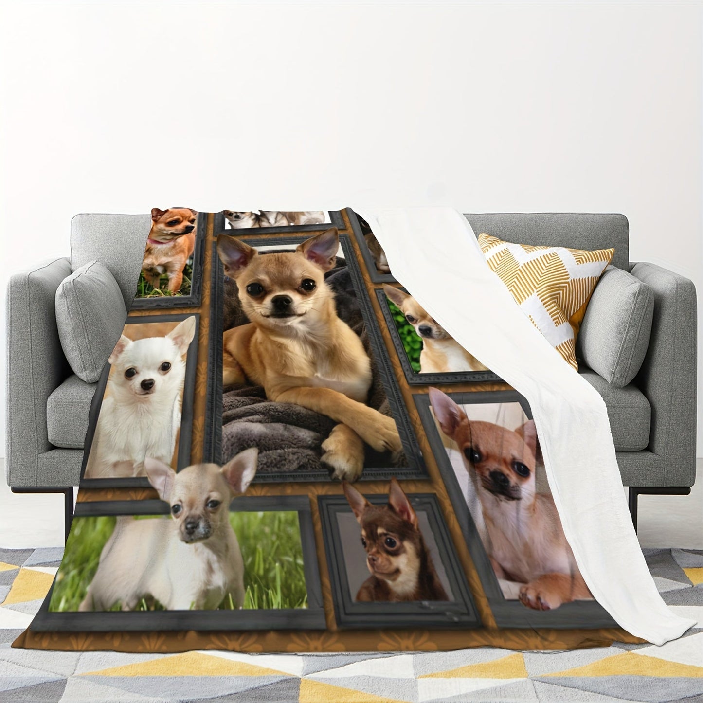 Chihuahua Dog Print Flannel Blanket - Cute Animal Design, Soft and Warm Throw Blanket for Couch, Sofa, Office, Bed, Camping, or Travel. Versatile All-Season Gift Blanket for Home Decor.