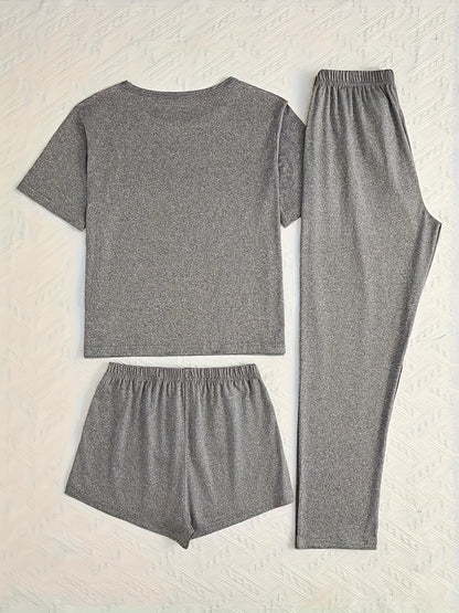 Casual pajama set with letter print, short sleeve top, long pants, and shorts.