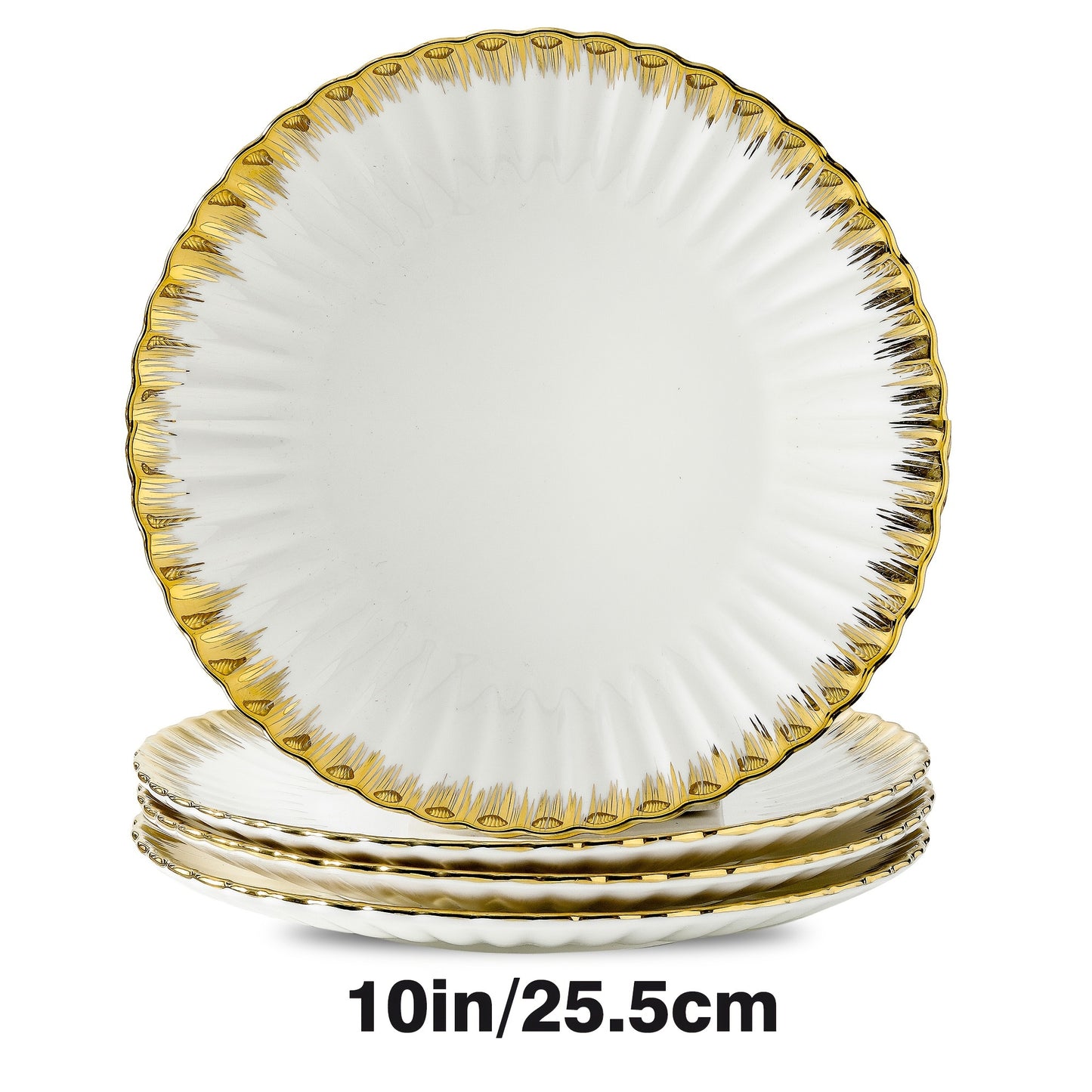 Set of 4 ceramic plates with golden rim, perfect for pasta, salads, and desserts. Dishwasher safe, ideal for home, dorms, and restaurants. Great housewarming gift.