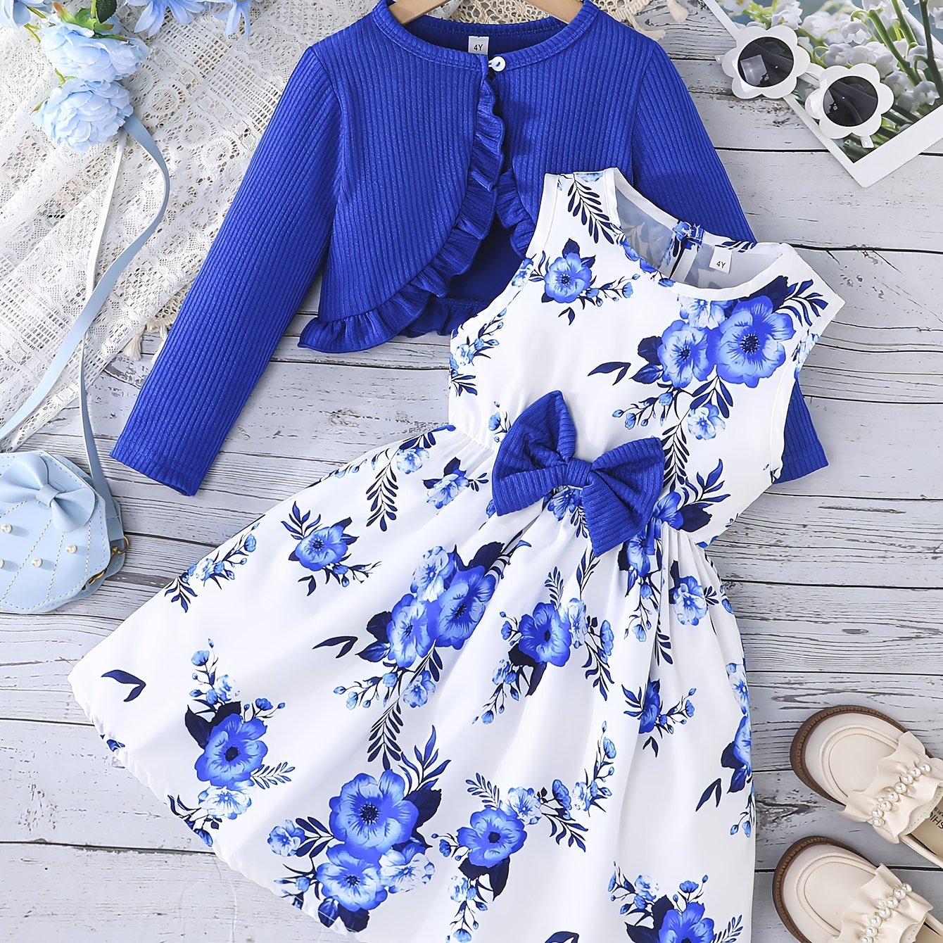 Girl's 2-piece outfit: Sundress with bow and floral pattern + Ruffle cardigan top. Casual wear for spring/fall, perfect for outdoor activities.