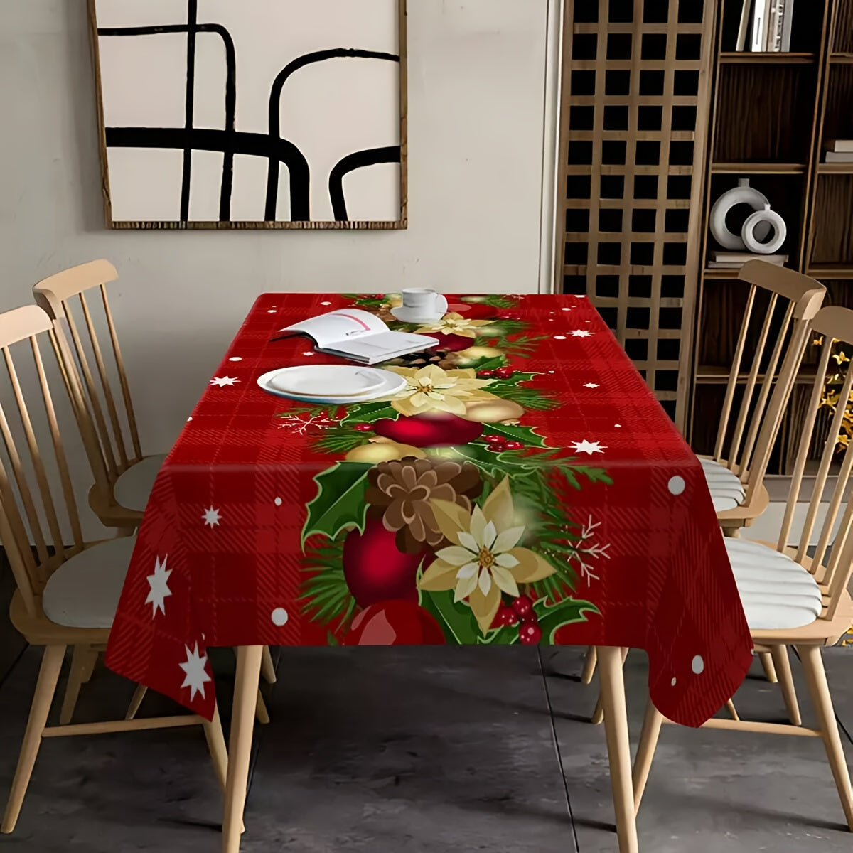 Stain-resistant party tablecloth with festive holiday design, machine washable and easy to clean.