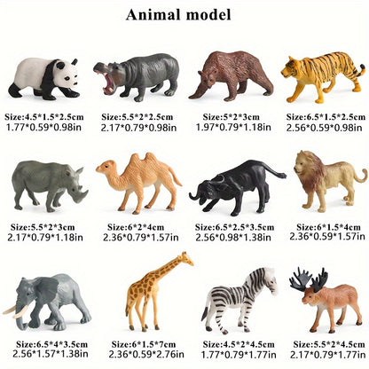 Wildlife animal figures set includes 12 realistic plastic miniature toys of tiger, lion, brown bear, elephant, and buffalo. Ideal for children ages 3-12 for science learning and cognitive