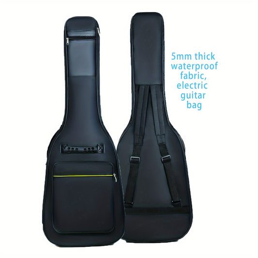 Black Universal Electric Guitar Case made of 5mm thick waterproof polyester fabric. Features dual shoulder straps, handheld side and front, and is easy to wipe clean. Fits 39-Inch Guitars.