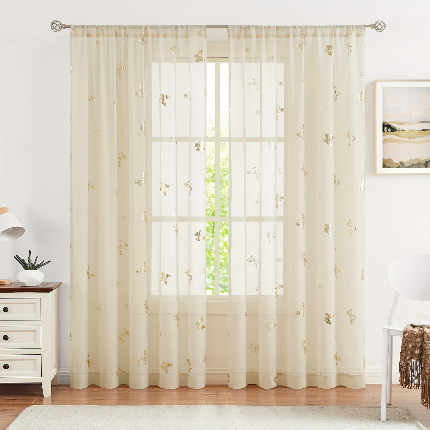 Two pieces of beautiful golden butterfly natural translucent curtains, perfect for adding a flowy and romantic touch to any bedroom or living room. These curtains come in 63, 84, or 95 inches, and feature a linen texture with a bamboo festival yarn