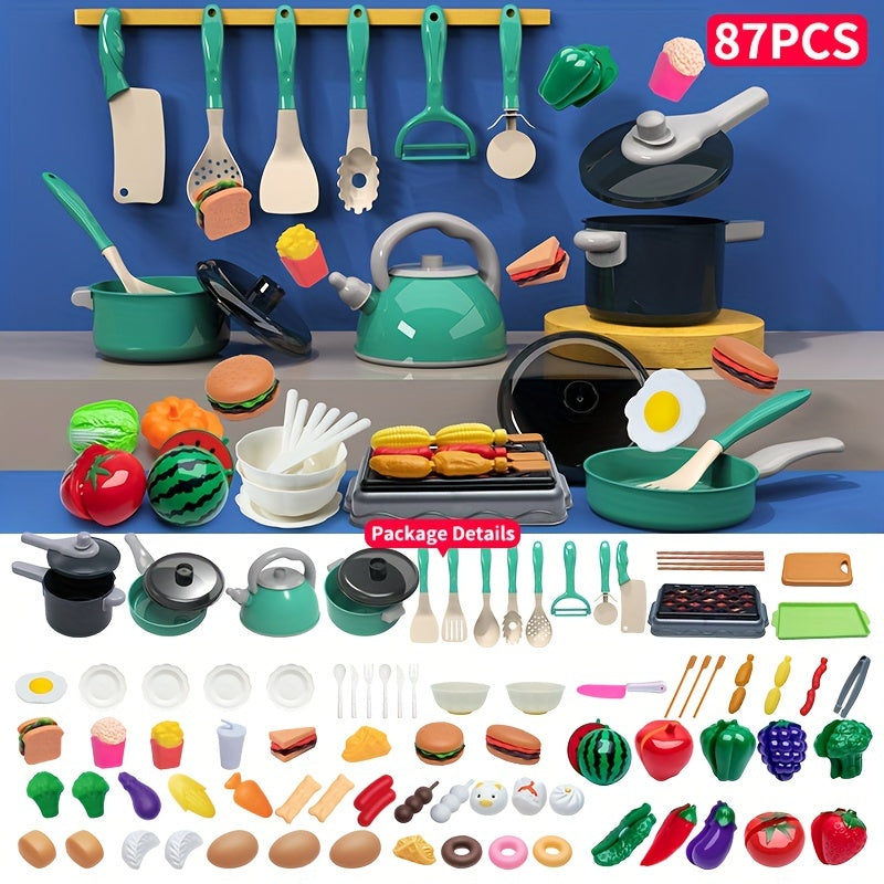 Children's play kitchen set with educational pretend cooking toy, food, fruits, and vegetables, includes tableware and accessories for ages 3-6, perfect for winter.