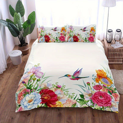 Set of 3 Duvet Covers with Floral Bird Print, Soft and Breathable Bedding Set for Bedroom or Guest Room. Includes 1 Duvet Cover and 2 Pillowcases (Does not include core).