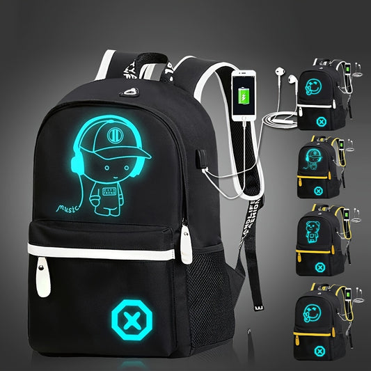 Glow-in-the-dark cartoon backpack with USB charging, adjustable straps, and zip closure. Perfect for daily use for school or commuting.