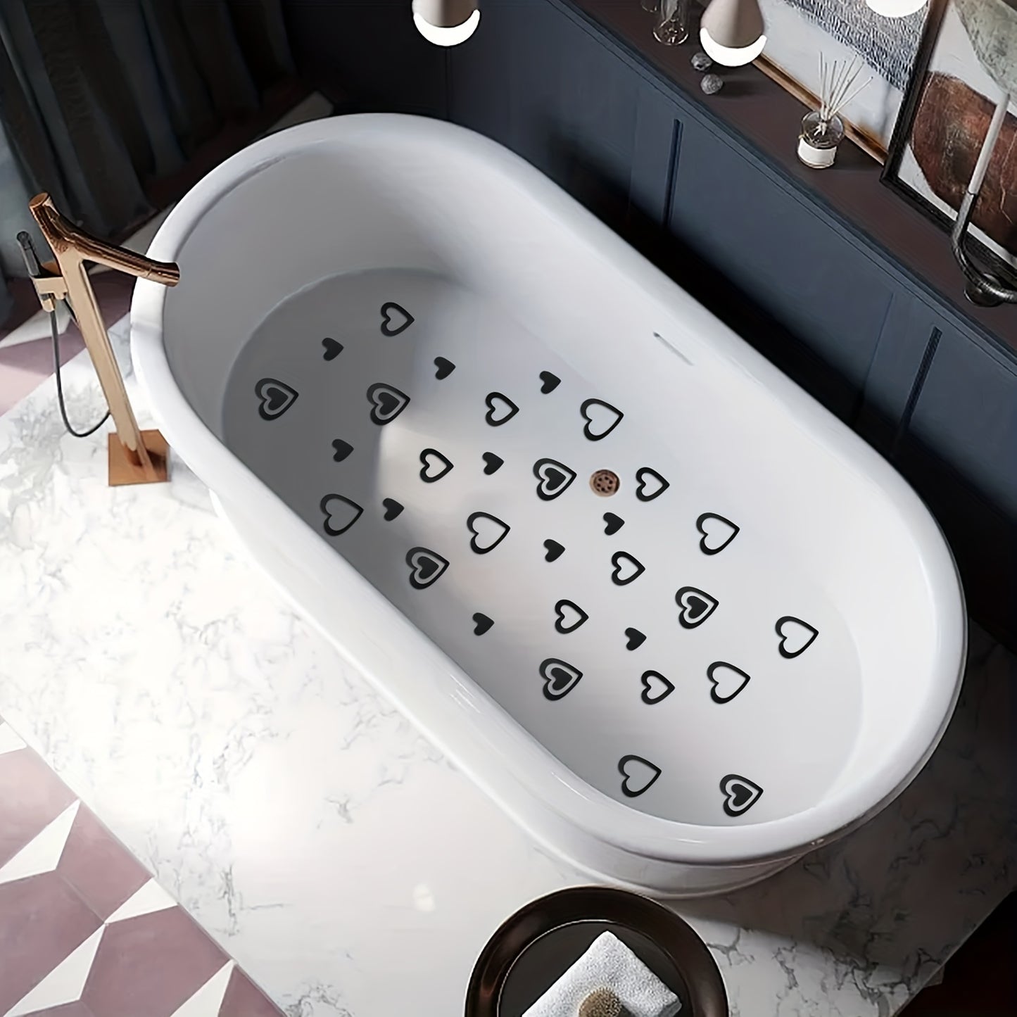 30 heart-shaped black vinyl bathtub stickers for safety, easy to apply and clean.