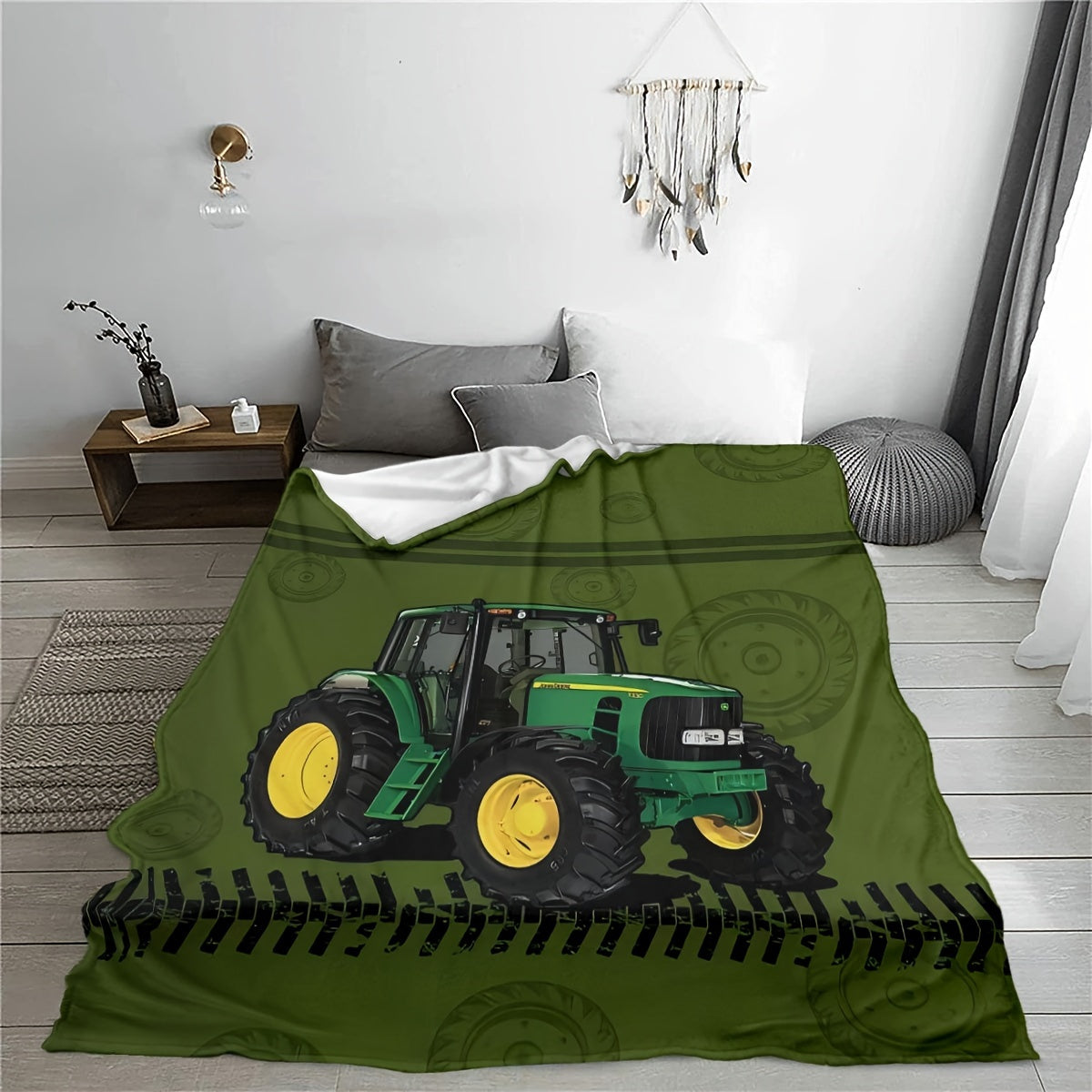 Cozy up with this Soft Tractor Print Flannel Throw Blanket - Ideal for Bedroom Decor, Shawl Wrap, or Birthdays!