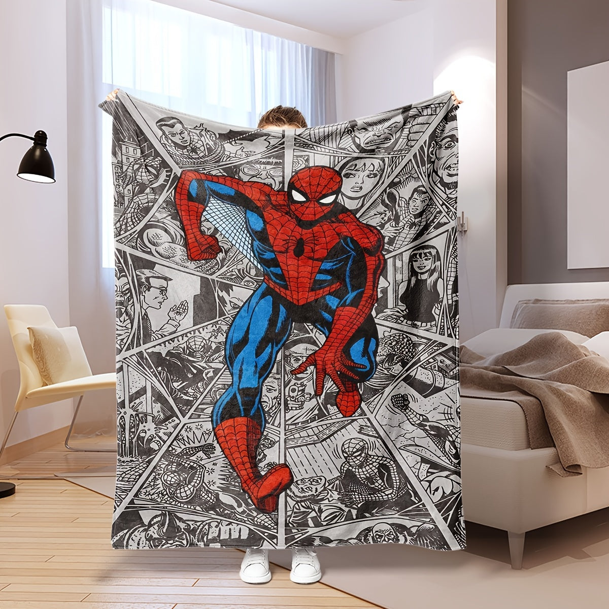 This multi-functional blanket features a vibrant 2024 New Dynamic Spider-Man City Chase comic book page pattern, digitally printed on plush cover material. Perfect for use during nap time, office lunch breaks, on the sofa, in the car, or while traveling.