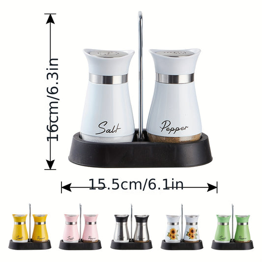 Stainless steel and leather salt and pepper shaker set with stand, perfect for kitchen gadgets and as a housewarming or Christmas gift.