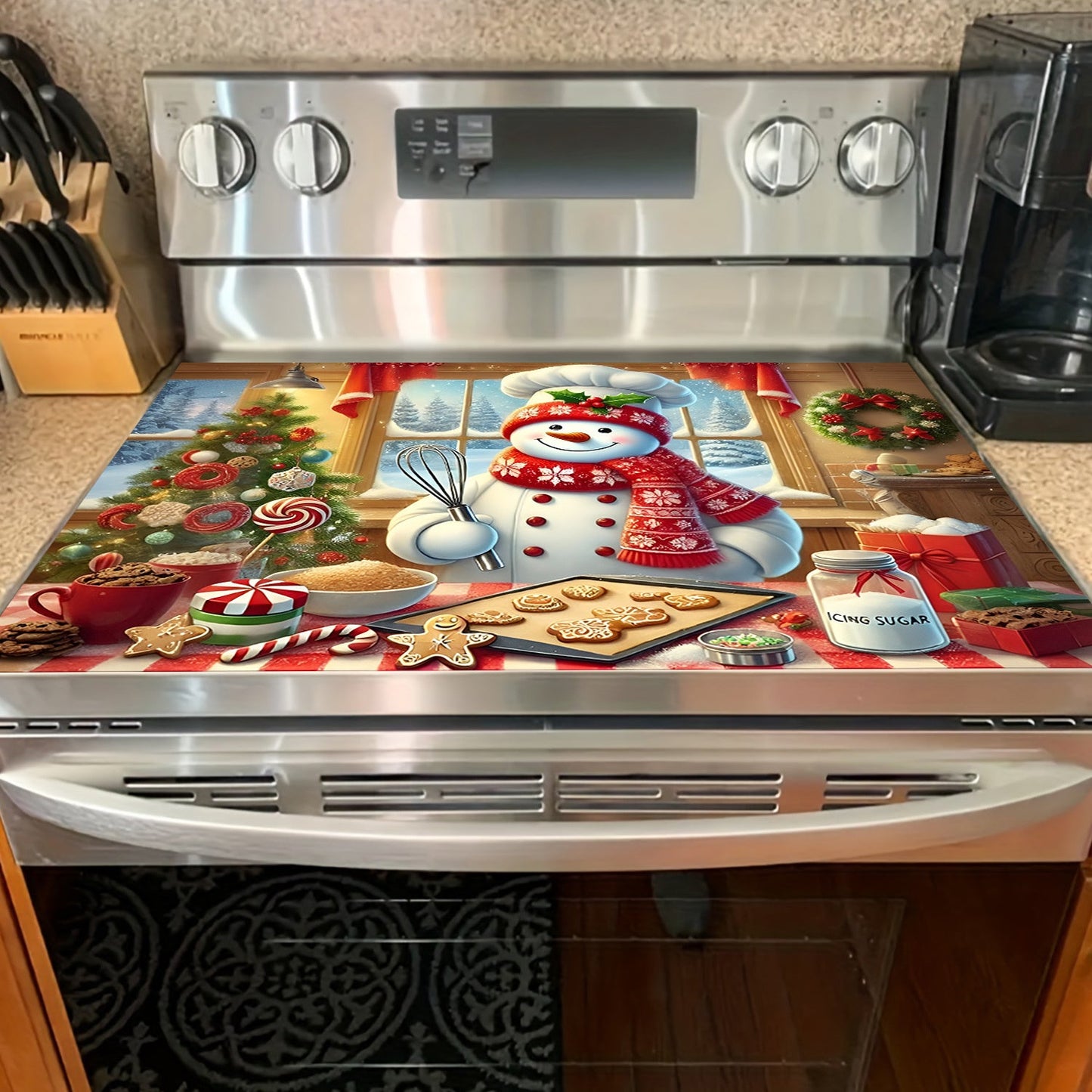 Protect your stove top with the Christmas Snowman Multi-Use Stove Top Cover. This cover is perfect for electric glass stoves, cooktops, washers, dryers, and ironing mats. It is anti-slip, waterproof, and heat-resistant, providing easy cleaning and