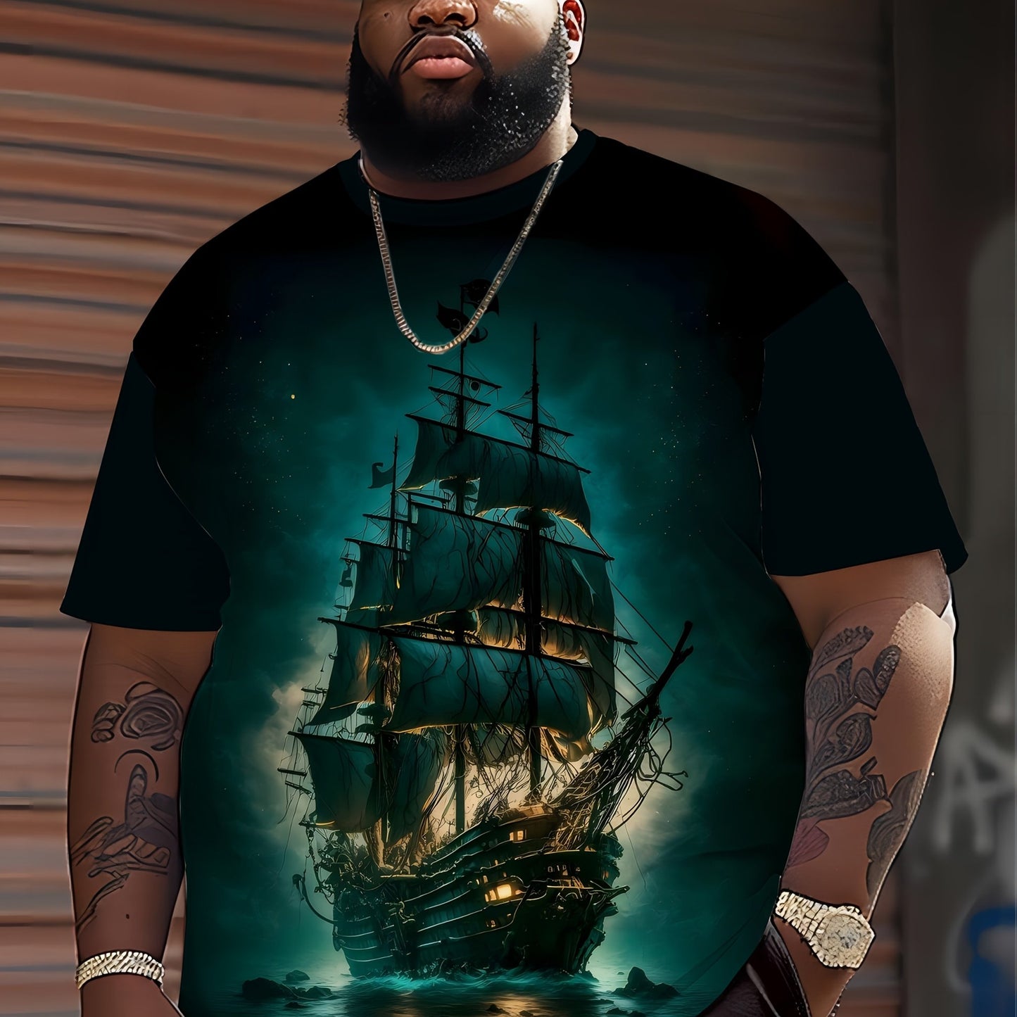 Men's pirate ship print t-shirt made of polyester knit fabric with slight stretch, featuring casual street style and regular fit for daily wear in plus size.