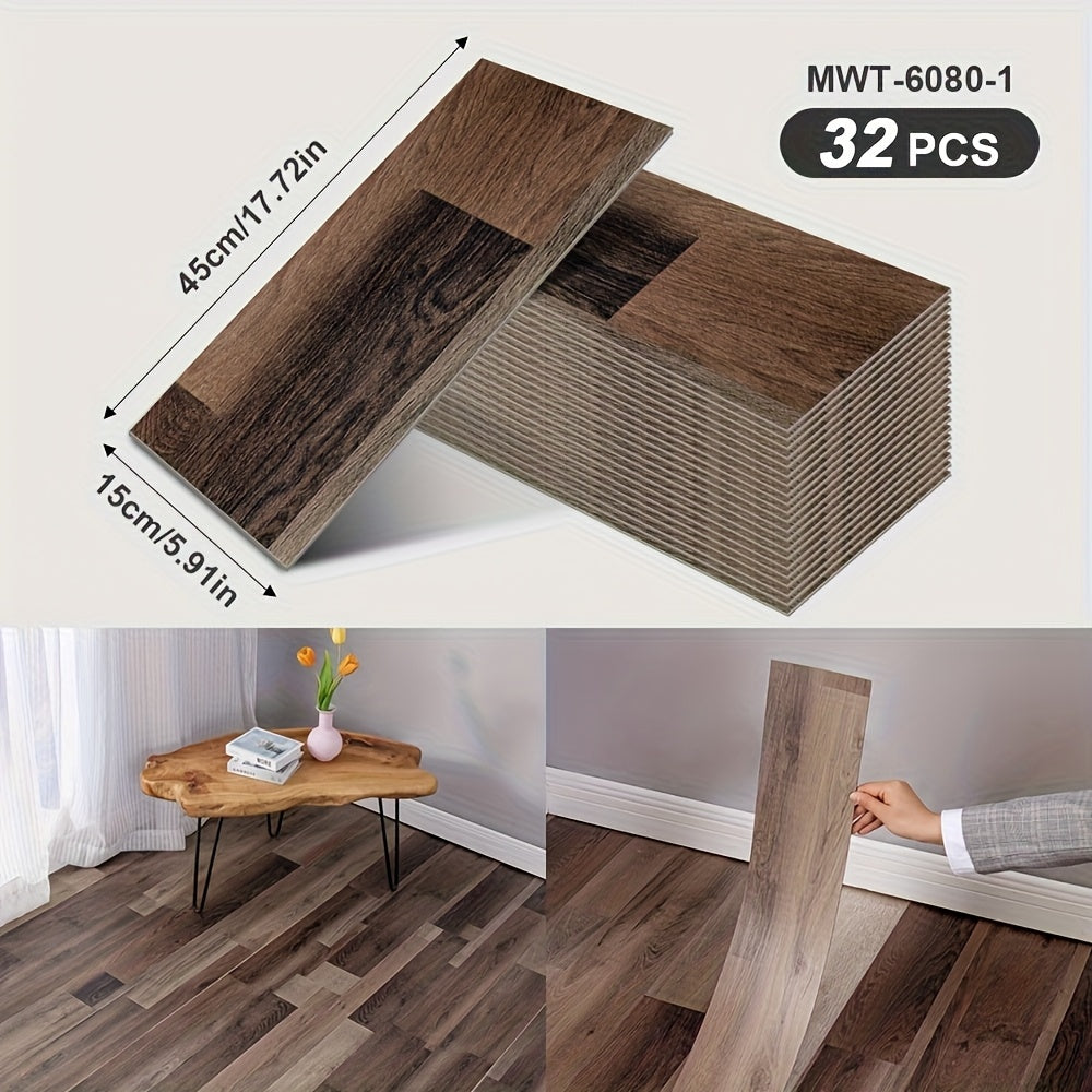 32 peel and paste floor tiles with wood grain design, 45cmx15cm, self-adhesive, waterproof, suitable for bedroom and home decor.