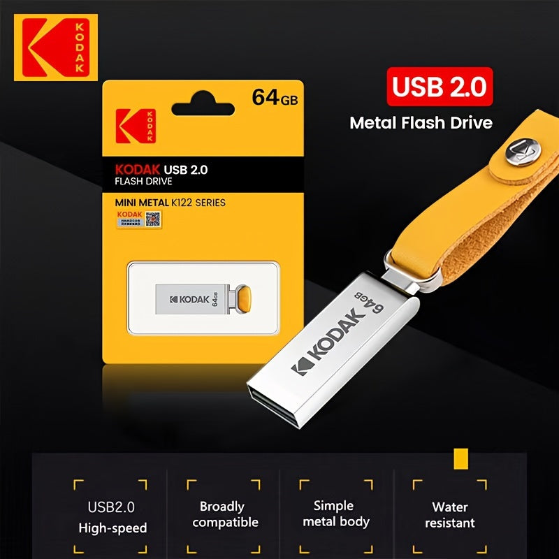 KODAK K122 USB 2.0 Metal Flash Drive is shockproof and available in 16GB, 32GB, 64GB, and 128GB capacities.