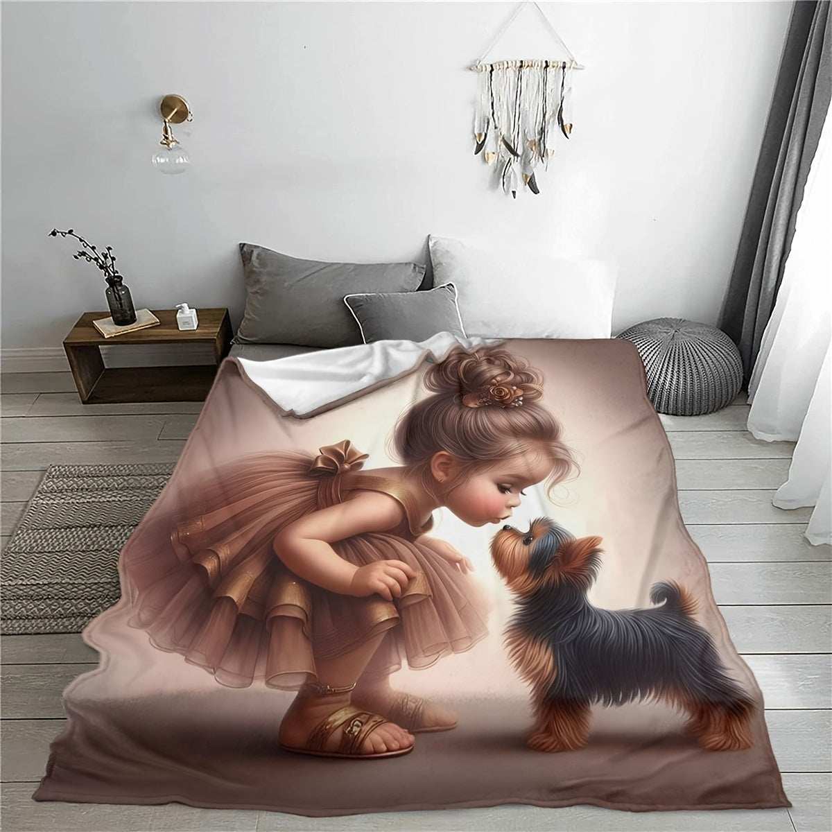 Soft and Warm Flannel Throw Blanket featuring Adorable Girl & Puppy Design - Cozy, Versatile, and Ideal for Couch, Bed, Office, or Travel - Great Gift for Every Season