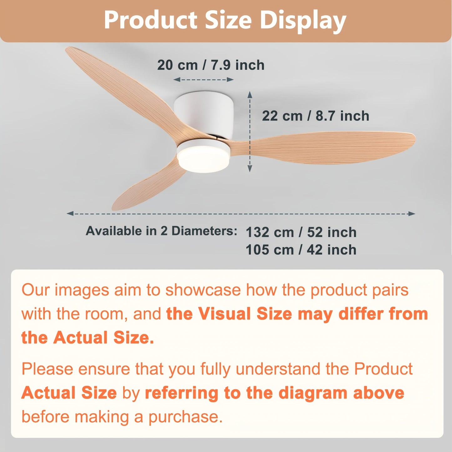 52/42 inch modern ceiling fan with LED lights, remote, adjustable color temperature, 6 wind speeds, 3 blades. For indoor use in living room, bedroom, dining room. Hardwired, 85V-265V. Model