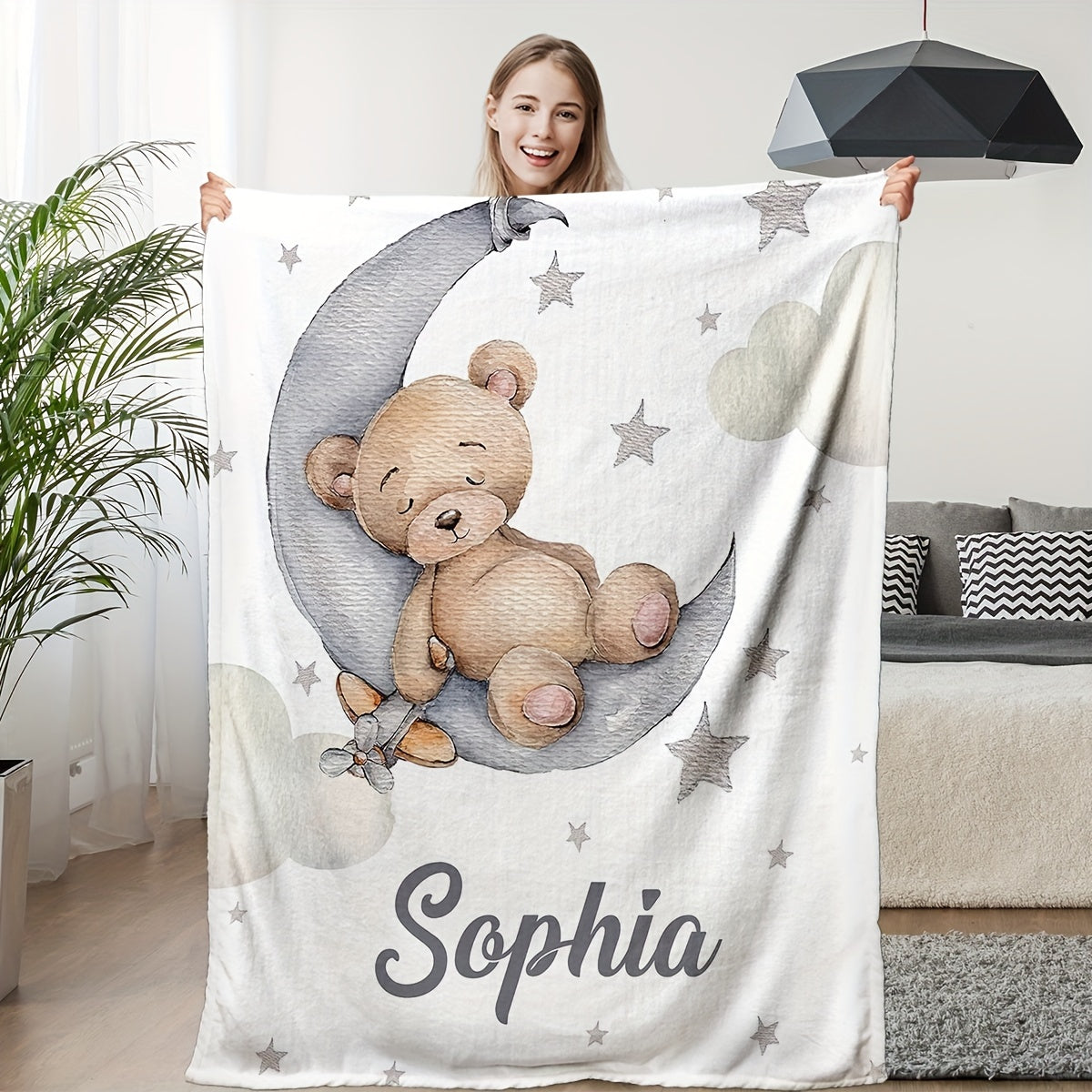 Get your very own Customizable Teddy Bear Moon Blanket with Personalized Name. This lightweight Flannel blanket is perfect for use on your sofa, bed, while traveling, camping, in the living room, office, or on a chair. Featuring a Digital Print in mixed