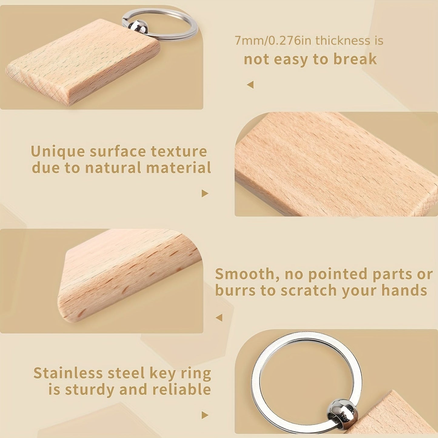 Twenty pieces of wooden key chain blanks, rectangular in shape, suitable for key chains. These wood blanks can be engraved and used for making jewelry and other craft projects.