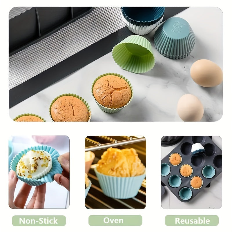 12 or 24 pieces of silicone cupcake and muffin liners that are reusable - they have the perfect shape, are non-stick, and easy to clean, making them essential baking tools for every occasion.