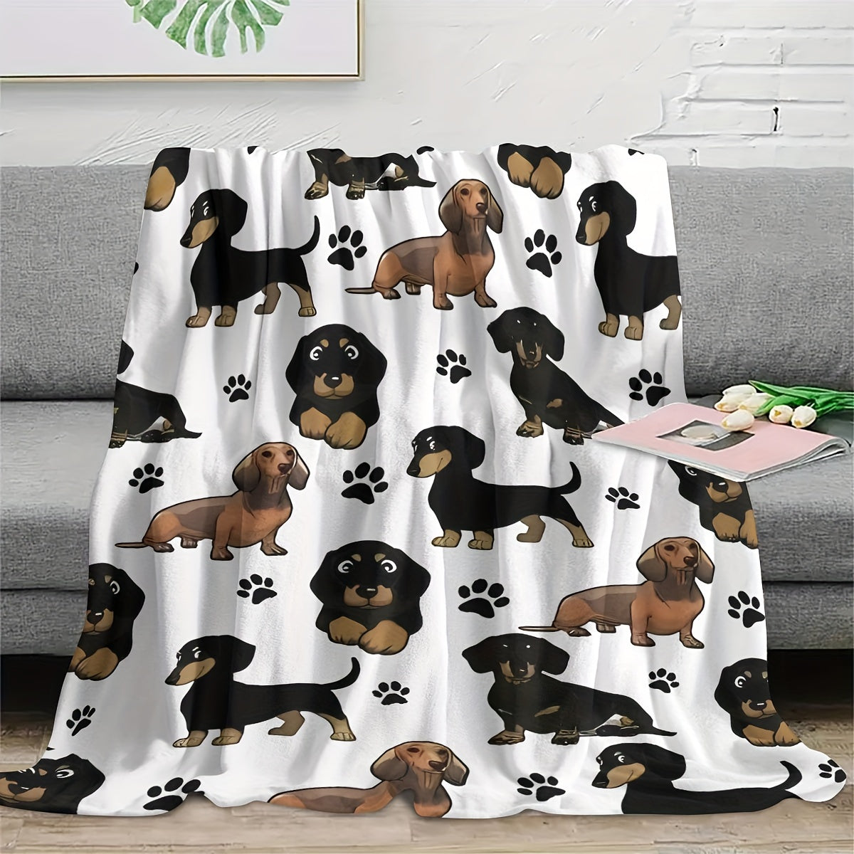 Soft and cozy all-season throw blanket with rustic dachshund dog pattern. Made from machine washable flannel fabric. Features a digital print design on 200-250g polyester material. Can be used for multiple purposes including a cozy nap blanket in your