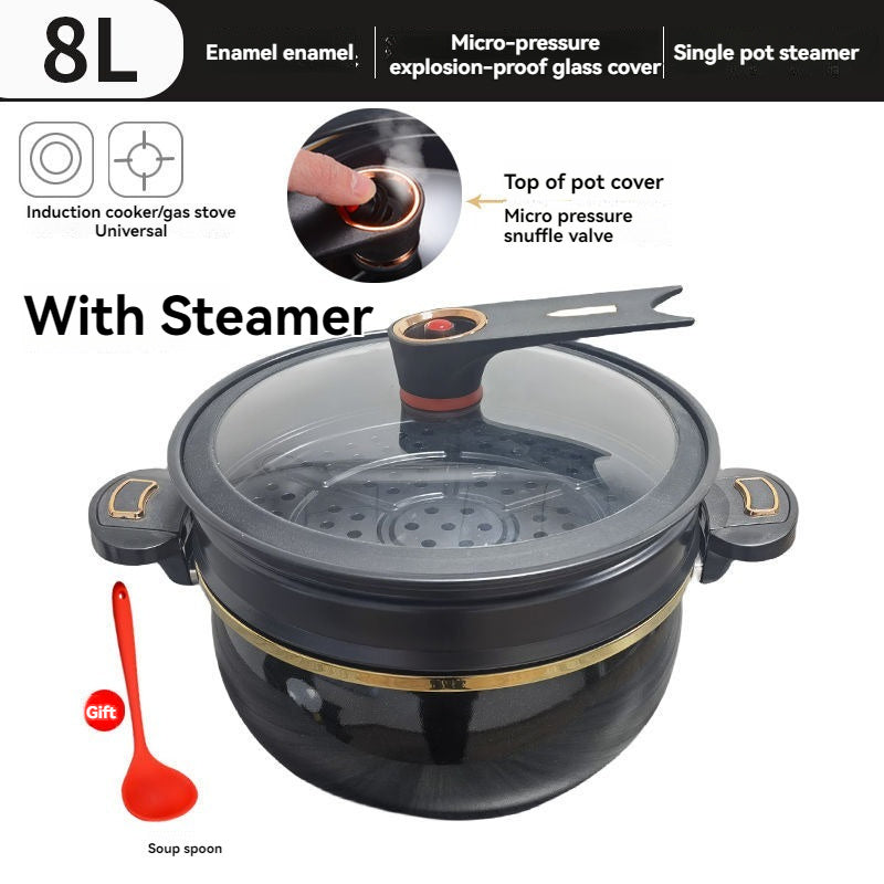 Set of 3 large 8L non-stick cast iron soup pots with steamer and spoon. Compatible with gas stoves, ideal for making stews and soups.