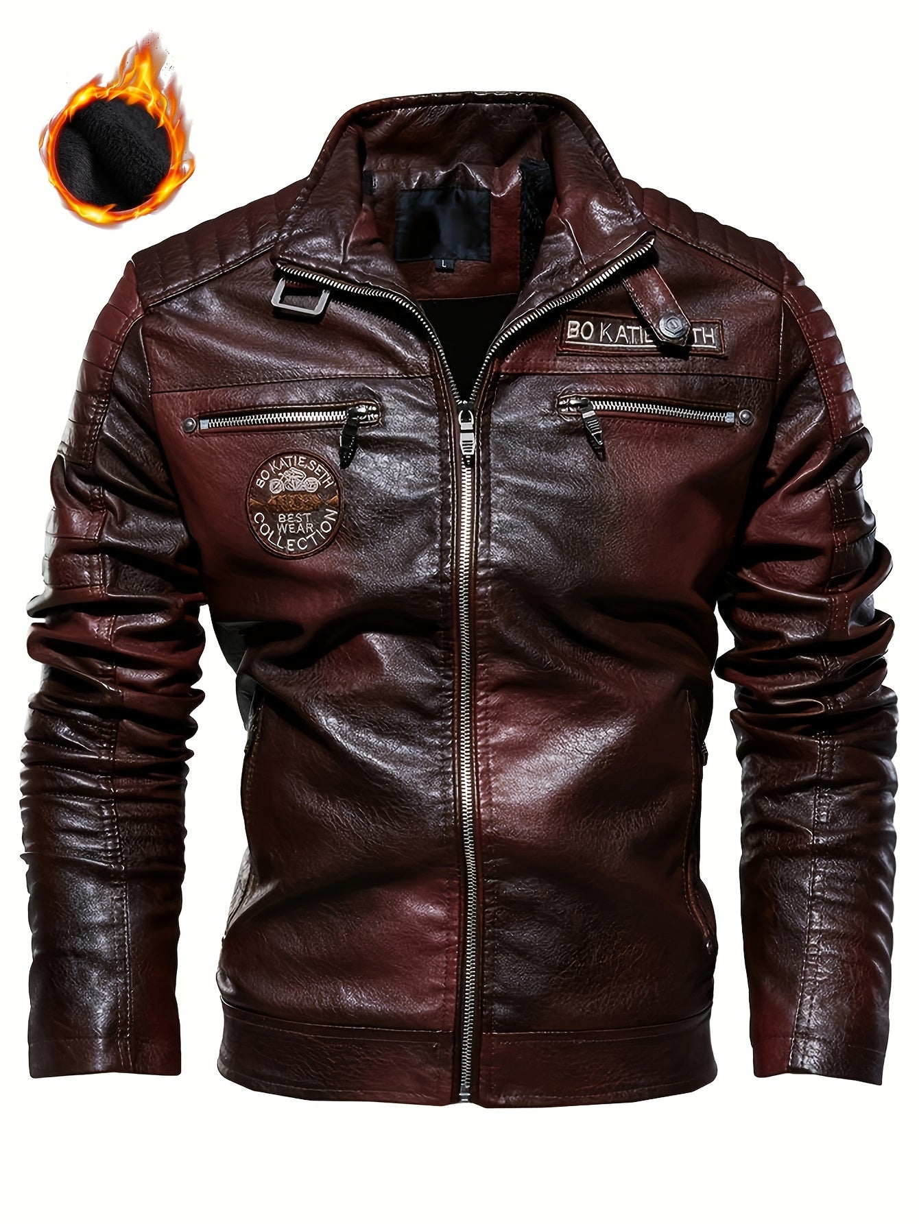 Men's stylish faux leather jacket with zippered pockets for autumn and winter.