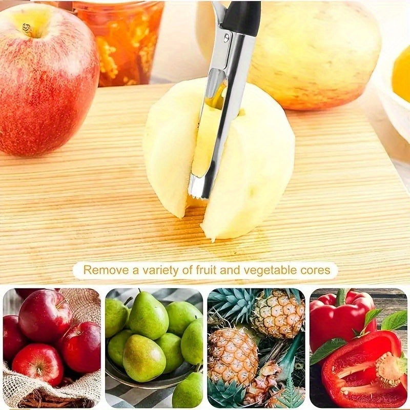 Easily Remove Fruit Cores with Our Stainless Steel Apple Corer - Featuring an Ergonomic Handle, Sharp Serrated Blade, and Durable Construction. Perfect for Apples, Pears, Bell Peppers, and Pineapple. A Portable and Easy to Clean Kitchen Essential.