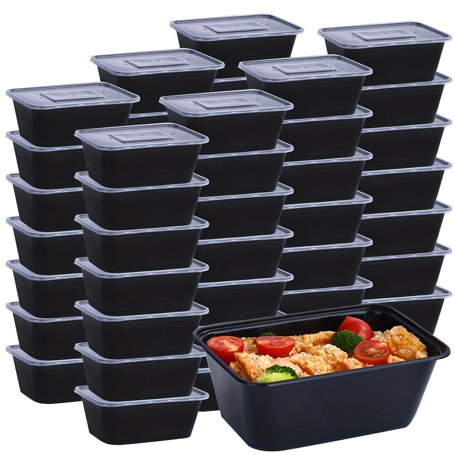 10, 30, or 50 pieces of 26oz plastic black boxes with lids. These rectangular food storage containers come with covers and are BPA free. They are stackable and leakproof bento boxes, safe to use in the microwave. Perfect kitchen gadgets and accessories