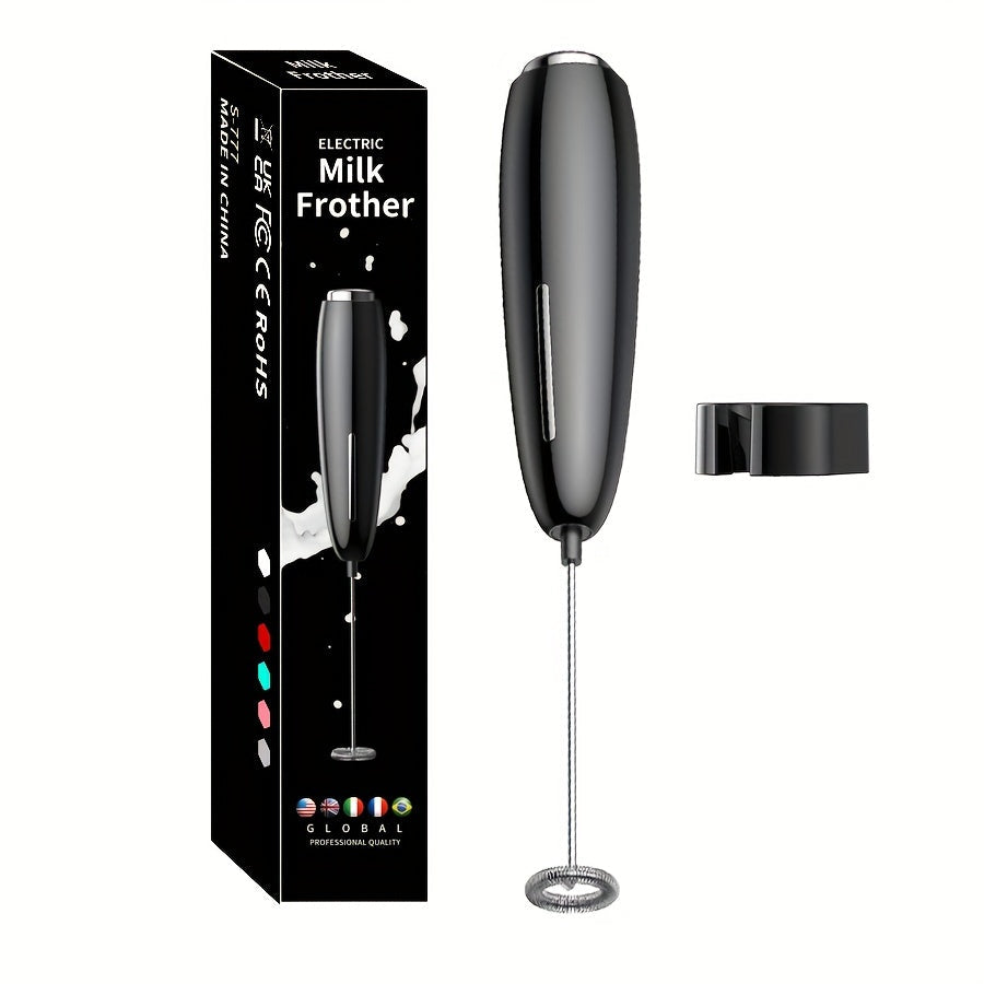 Battery operated handheld milk frother for creating creamy foam in drinks, perfect for coffee and cappuccinos.