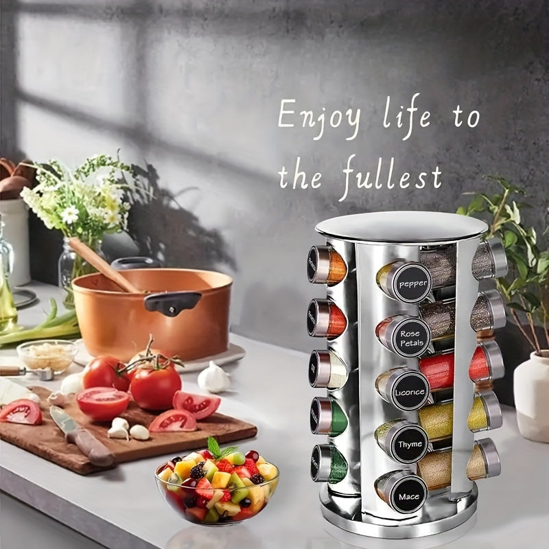 Spice up your kitchen organization with our 360° Rotating Stainless Steel Spice Rack! This convenient rack can hold 12, 16, or 20 jars and comes with reusable labels and a funnel for easy filling. Perfect for keeping your spices neatly organized and