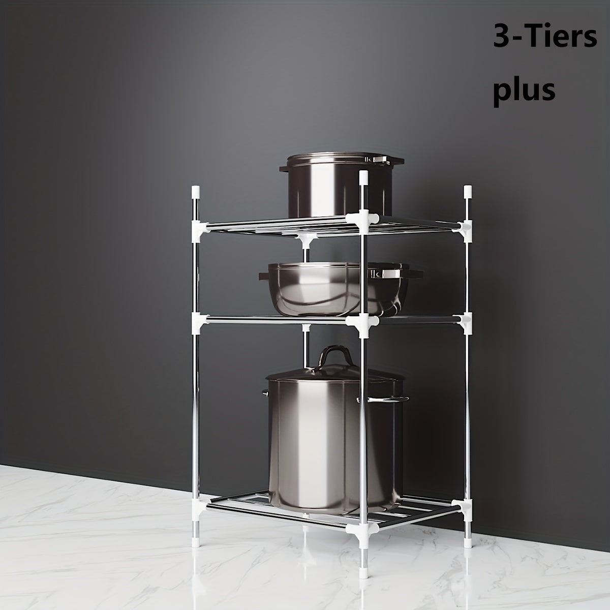 Multi-tier stainless steel storage shelf, ideal for organizing kitchen, bathroom, balcony, and rest room. Perfect for storing cookware, tableware, oven, microwave oven, and basin.