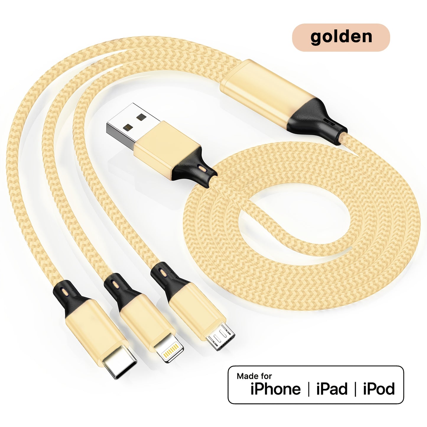 Fast charging USB cable compatible with iPhone, Samsung, Type-C, Micro USB devices and various Android smartphones.